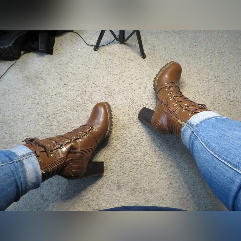 Brown Faux Leather Combat Boots